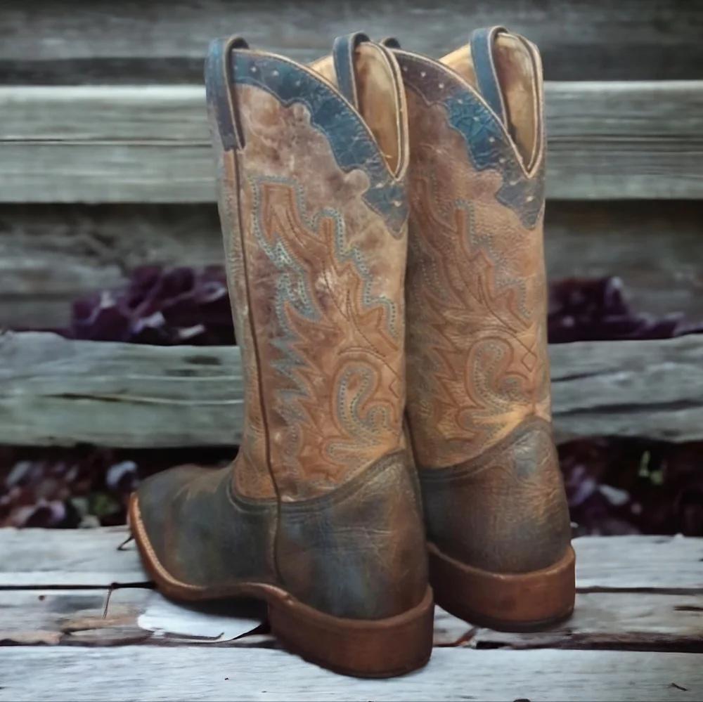 BOULET Boots #4071 mens 9E cowboy boots distressed Tan/Turqueza square toe EUC